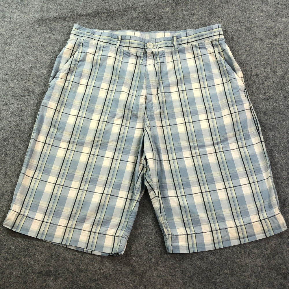 Lacoste Mens Plaid Shorts 42 (32 Waist) Blue White Flat Front Cotton Casual